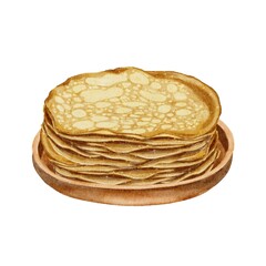 A stack of appetizing pancakes in wooden plate for the holiday of Maslenitsa, watercolor illustration. For restaurant menus, recipe books, cooking, printing on kitchen utensils