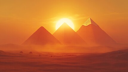A breathtaking desert landscape featuring four iconic pyramids silhouetted against a golden sunset.