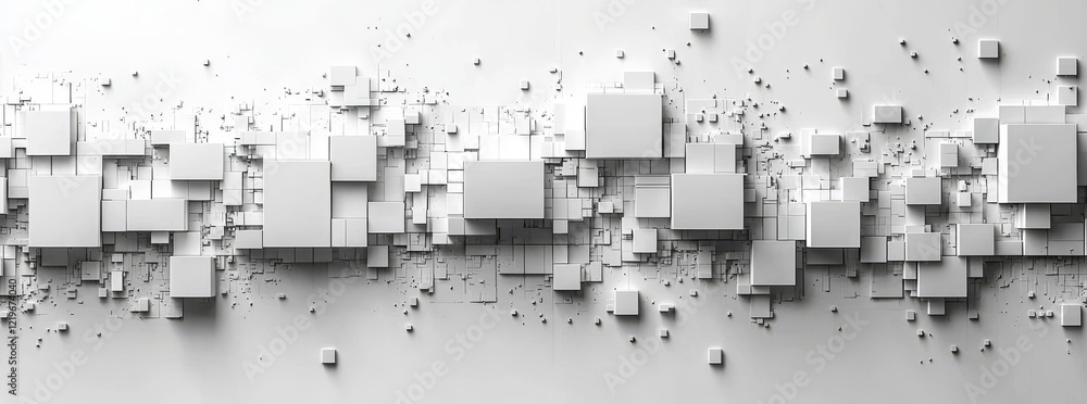 Poster a wallpaper banner features randomly shifted white cube boxes creating a block background with room 