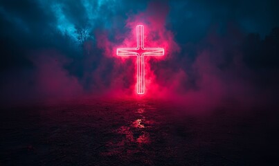 Fototapeta premium Neon lights forming an X pattern amidst clouds create a modern and futuristic wallpaper with glowing colors