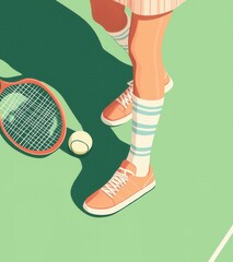 Stylish tennis scene with vintage aesthetic retro sneakers, striped socks, racket, and ball on grass court in warm sunlight and bold shadow play