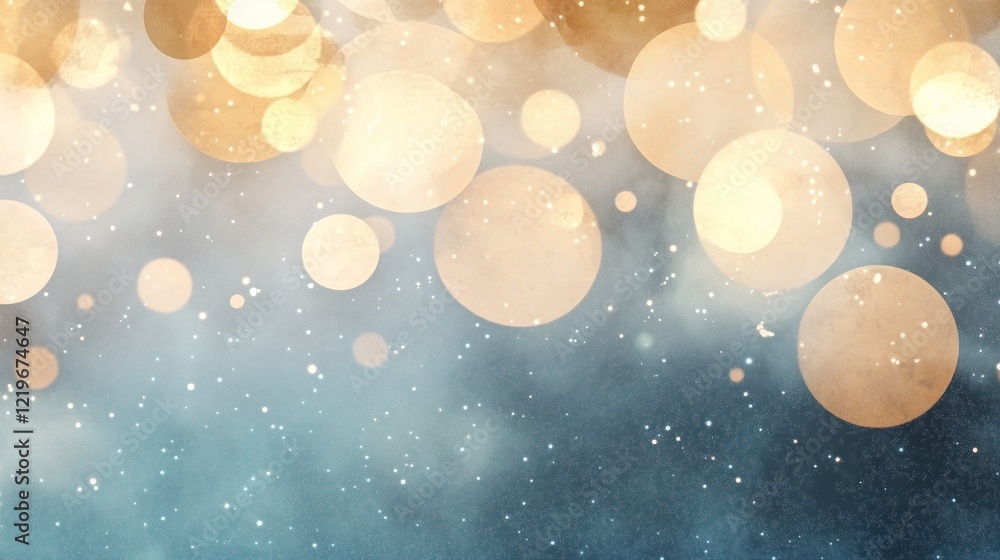 Poster abstract golden bokeh lights on a soft blue background with sparkling particles