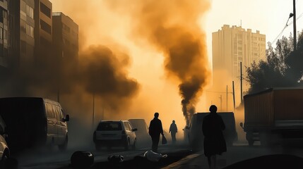 Air pollution PM2.5: Silhouetted Figures in a Smoky Urban Landscape at Dusk