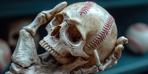 A human skull holds a baseball in its hand, a unique and intriguing scene