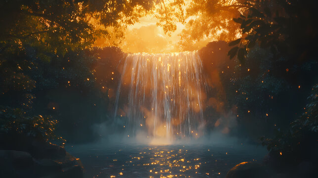 Waterfall cascade over lush greenery in warm golden light, calm surroundings, waterfalls. Waterfall Cascade. Illustration
