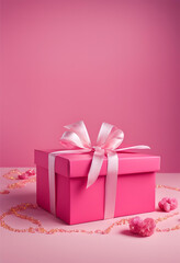 Caixa de presentes rosa com fita branca Dias das Mães, fundo rosa.