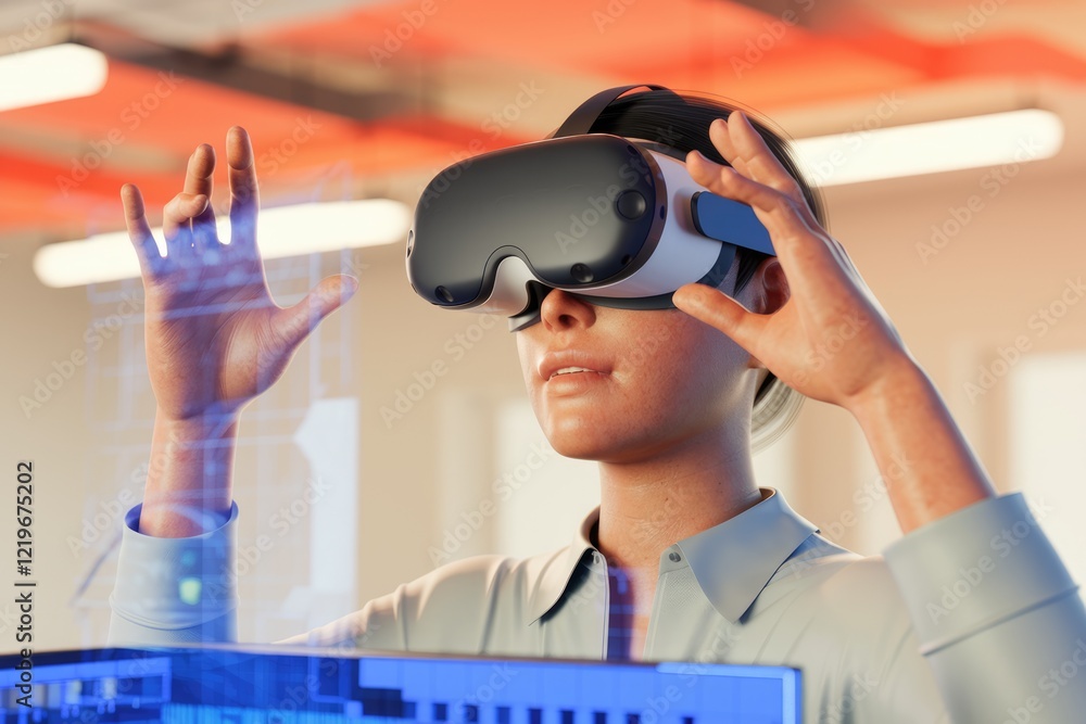 Poster a woman wearing a vr headset interacts with a holographic interface, exploring digital data and virt