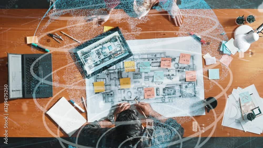 Poster top down aerial view of civil engineer team holding blueprint at meeting room. aerial view of group 