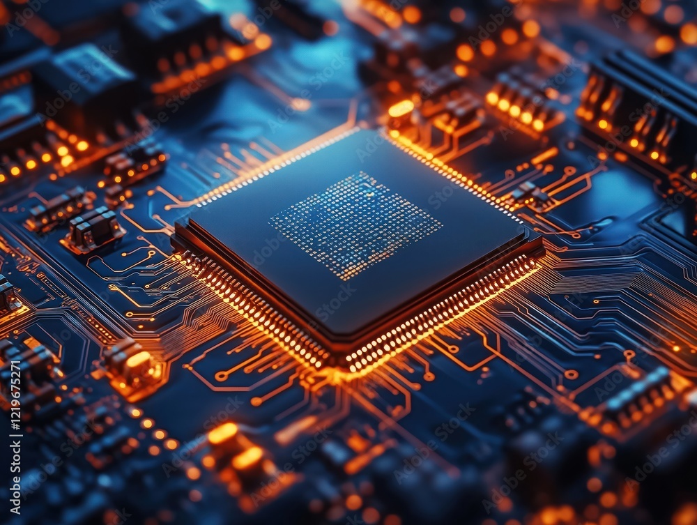 Poster close-up view of glowing tech chip on circuit board. modern tech design with vibrant orange, blue hi