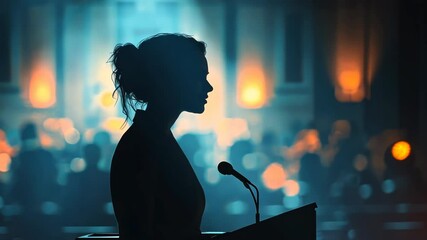 Silhouette of woman delivering speech in dramatic lighting at elegant event
