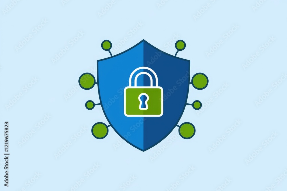 Poster a blue shield with a green padlock inside, representing cybersecurity and data protection.