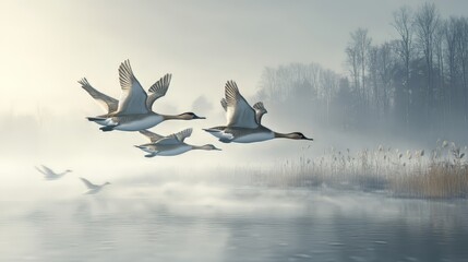 Fototapeta premium Birds flying over misty lake