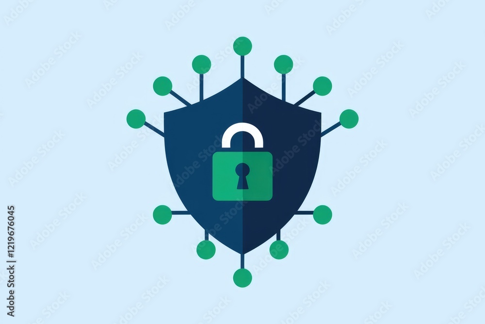 Poster Network security, a protected shield with a lock symbolizes data safety and privacy.