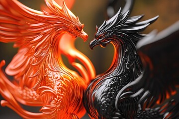 A detailed view of a sculpture featuring two birds in a compact pose