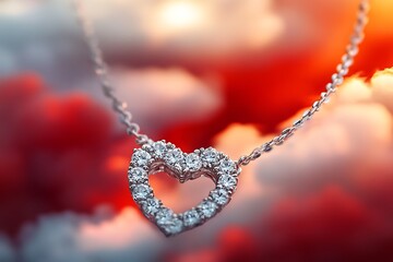 A diamond heart pendant captured with a soft focus on a background of red and white clouds at sunset.