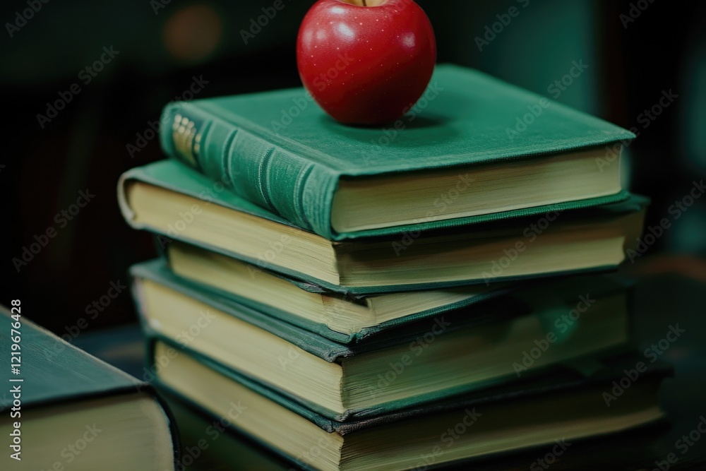 Poster a bright red apple sits atop a stack of books, providing a pop of color and a symbol of knowledge