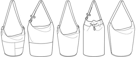 Set of tote bag flat sketch vector illustration drawstring, duffle adjustable strap bag design technical cad drawing template	
