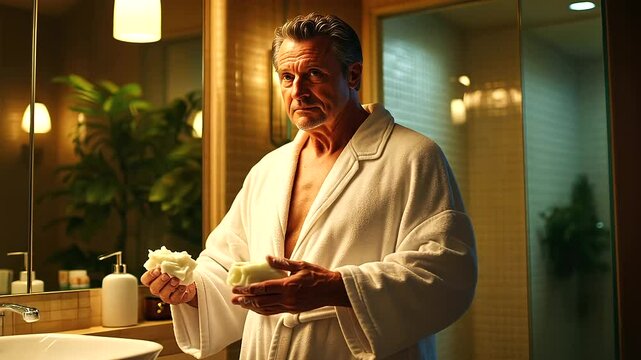 A serene bathroom scene with a middle-aged man in a white bathrobe lathering soap on his hands, standing in front of a large mirror under soft lighting.