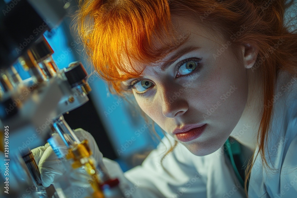 Poster a woman in a lab coat examines something, possibly a microscope or data on a computer screen