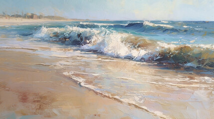 impressionism oil painting with thick impasto brush strokes of waves on a sandy beautiful beach with puffy clouds. using muted browns, blues, and white. 