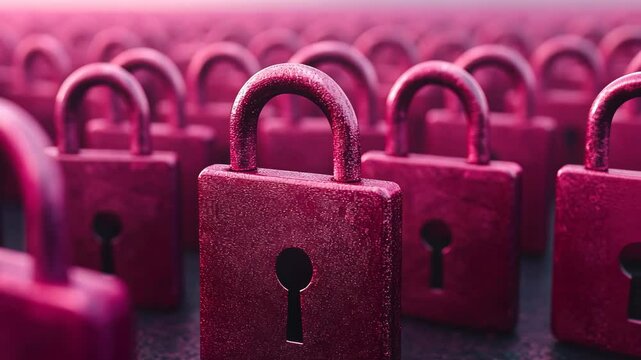 Rows of unique pink locks lined up on a dark surface create an intriguing visual puzzle for security enthusiasts and design lovers alike