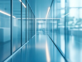 A modern, bright office corridor with glass walls and smooth flooring, offering a spacious and clean atmosphere.