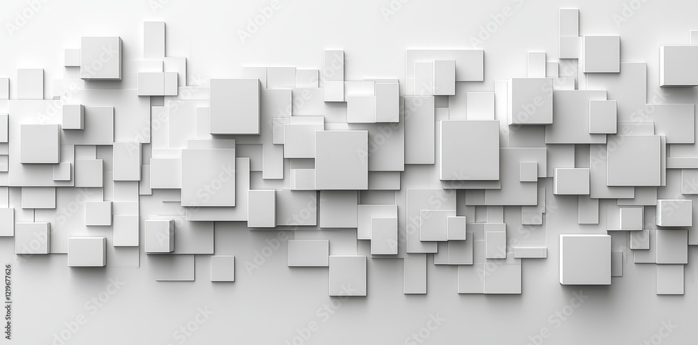Poster white cube boxes that randomly move and fade out block the background wallpaper banner, creating ope