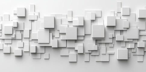 White cube boxes that randomly move and fade out block the background wallpaper banner, creating open space