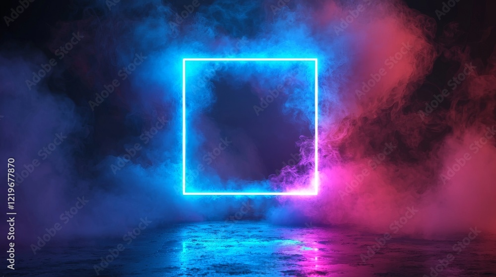 Poster 3d rendering of an abstract futuristic background featuring neon geometric shapes and stormy clouds 