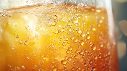 A close-up image of a refreshing orange drink filled with ice,