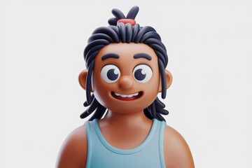 A cheerful 3D-rendered cartoon boy with dark skin and dreadlocks, wearing a light blue tank top.