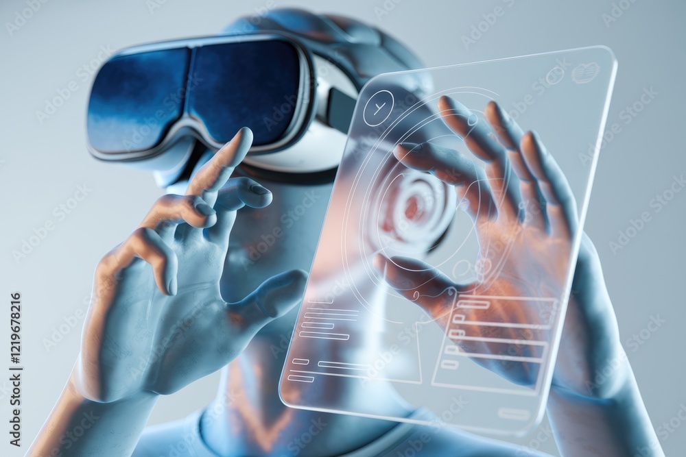 Poster a robotic figure wearing a vr headset interacts with a transparent holographic interface, showcasing