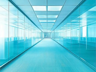 A bright, modern office corridor with glass walls and a cool blue tone, featuring clean lines and ample light.