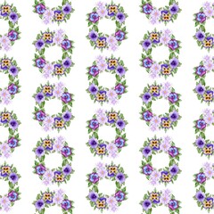 Seamless pattern with watercolor wreath of violet spring, summer flowers on white. Perfect for textile, fabric, wrapping, bedding, design paper, backdrop, wall hanging, wallpaper, scrapbooking 