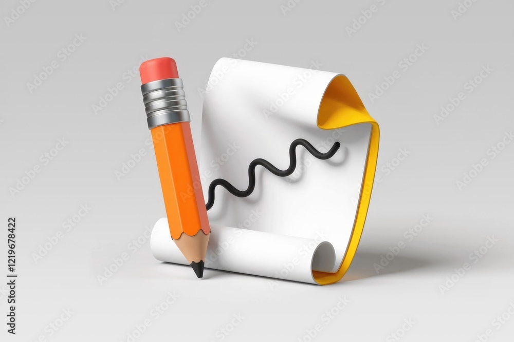 Poster a pencil sketches a wavy line on a rolled-up piece of paper with a yellow edge.