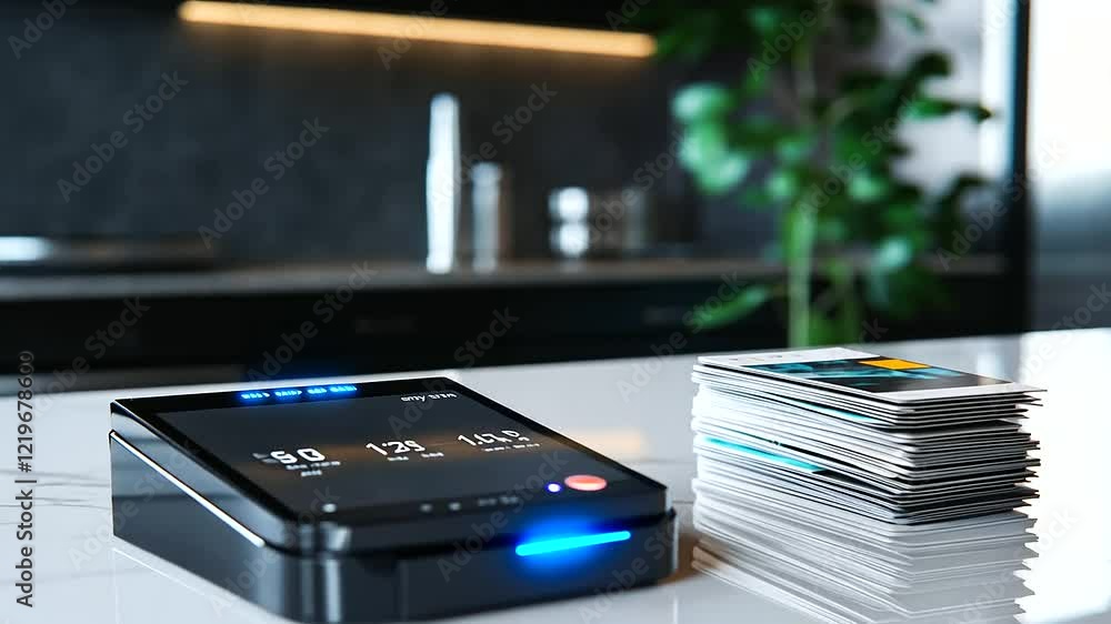 Aufkleber a well-designed pos terminal with a glowing interface sits next to a stack of credit cards on a spot