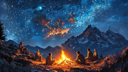 Starry night campfire gathering in mountain wilderness under a vibrant celestial sky