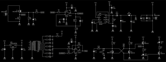 Schematic diagram of digital electronic device on paper sheet. Vector drawing electrical circuit with operational amplifier, integrated circuit, transistor, led, diode, capacitor, resistor, connector.