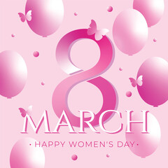 Stylish festive illustration with the number 8, made in pink tones, surrounded by balloons and butterflies. The design is made in a delicate color scheme, suitable for cards, greetings, festive banner