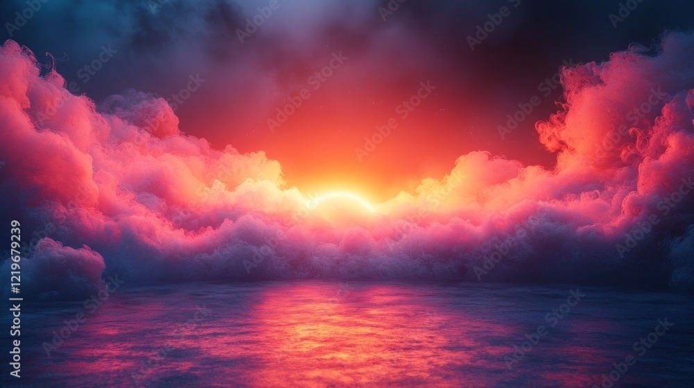 Poster a 3d visual of a colorful neon ring illuminating from within a tempestuous cloud on a dark evening, 