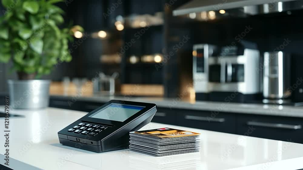 Poster a polished white countertop features a compact pos terminal and a stack of high-quality credit cards
