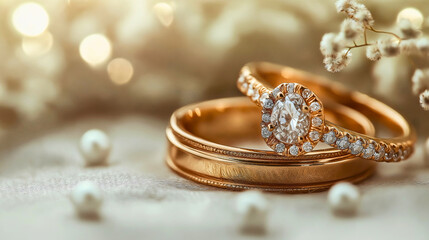 Elegant Gold and Diamond Wedding Rings Close-Up with Flowers and Pearls for Romantic Celebrations