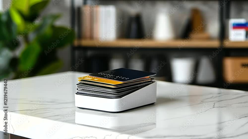 Poster a minimalist white countertop displays a compact pos terminal alongside a perfectly aligned stack of