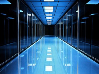 Futuristic hallway with blue lighting and glossy tiles, creating a sleek, high-tech environment in a server room or data center.
