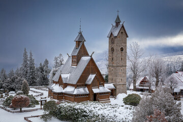 Wang Church in Karkonosze, winter scenery, Poland