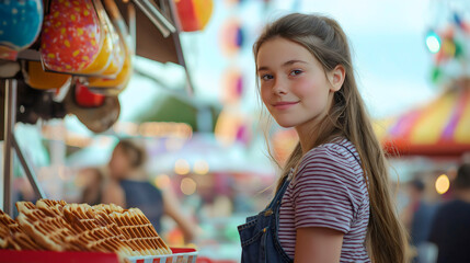Fototapeta premium Smiling Girl Enjoying Colorful Desserts at Summer Carnival