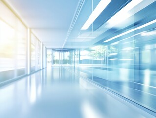 Futuristic office corridor with sleek glass walls and a blurred motion effect, creating a clean, modern, and minimalist design.