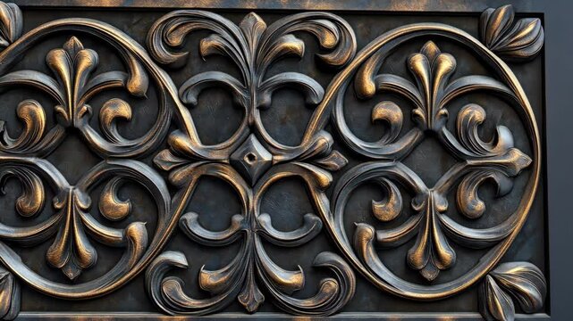 Intricate scrollwork pattern in motion: decorative ironwork panels shift