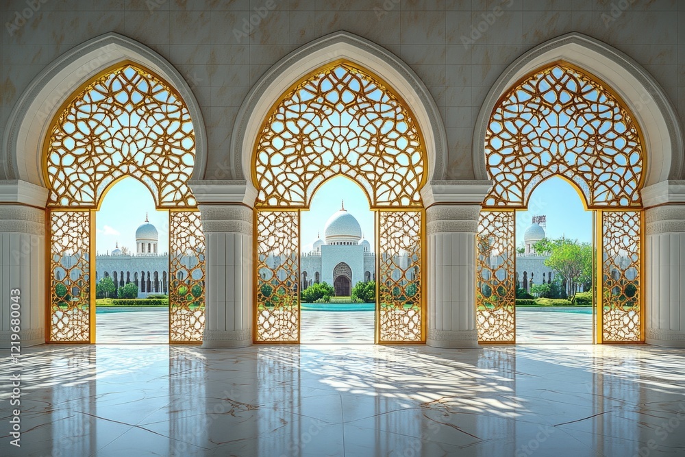 Poster a view of a large building with architectural details such as arches and windows