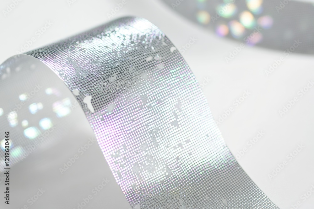 Poster a detailed view of a shiny ribbon on a flat surface, suitable for use in product photography or desi